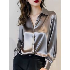批发2025春秋新款高级感灰色醋酸缎面<b class='q'>衬衫</b>女长袖别致法式丝绸职业<b class='q'>衬衣</b>