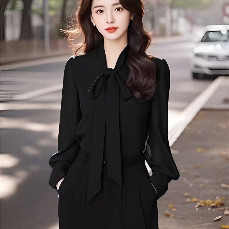 나비 매듭 검정색 2026 봄 가을 새로운 긴팔 쉬폰 셔츠 경력 리본 품격 고급 센스 여성 셔츠
