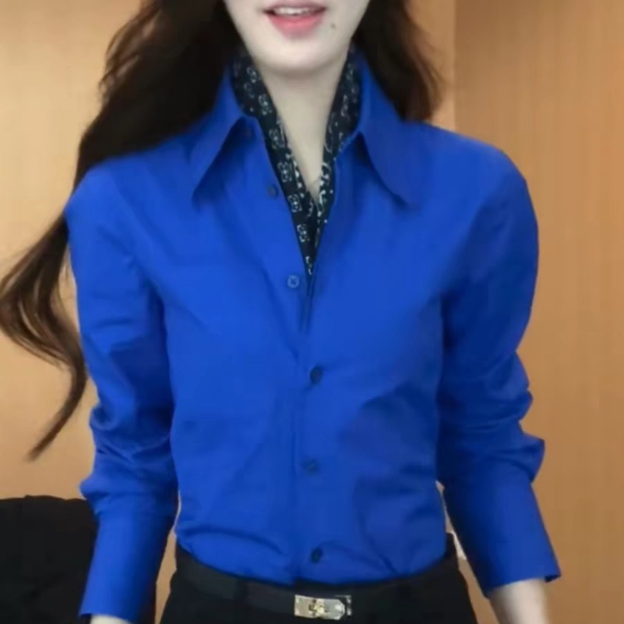 작은 대중 다용도 파란색 품격 셔츠 고급 센스 폴로 칼라 슬림해 보이는 셔츠 봄 Chic 연령 감소 긴팔 작은 셔츠 여성