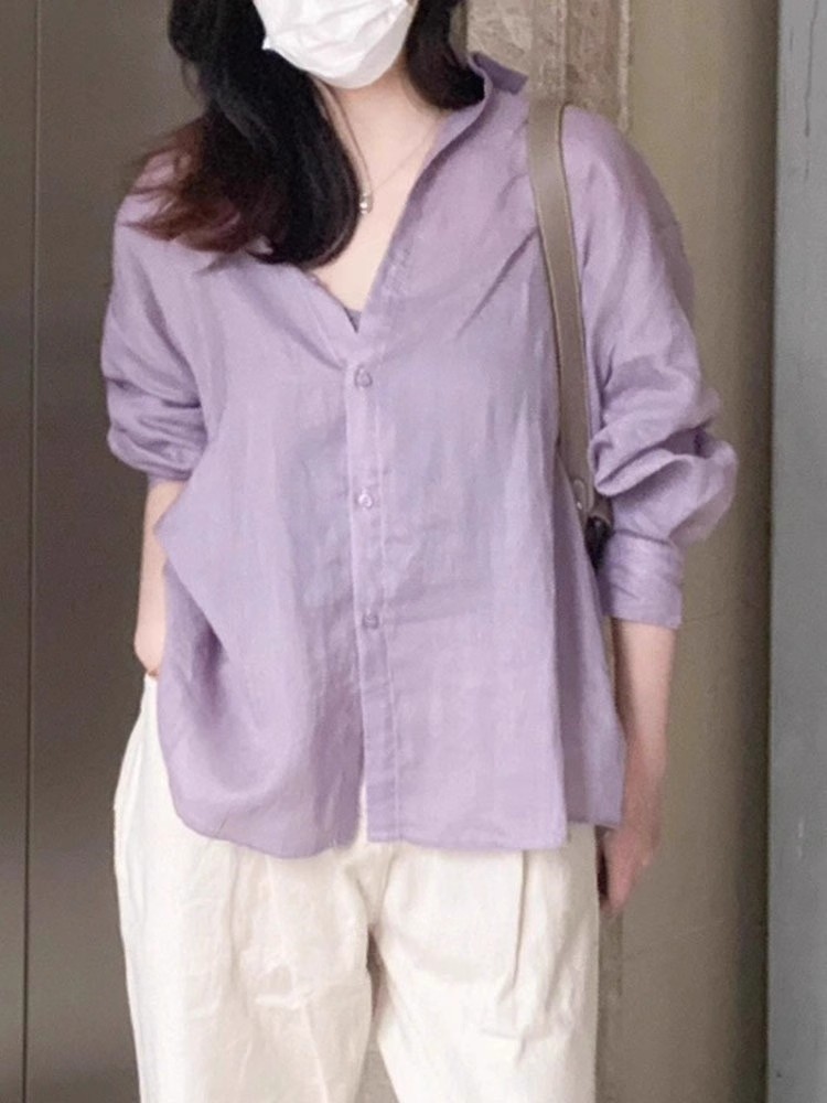 보라색 긴팔 여성 셔츠 봄 가을 얇은 스타일 외부 가져 가라. 오픈 가디건 고급 센스 폴로 칼라 셔츠 루즈핏 느긋한 맨위