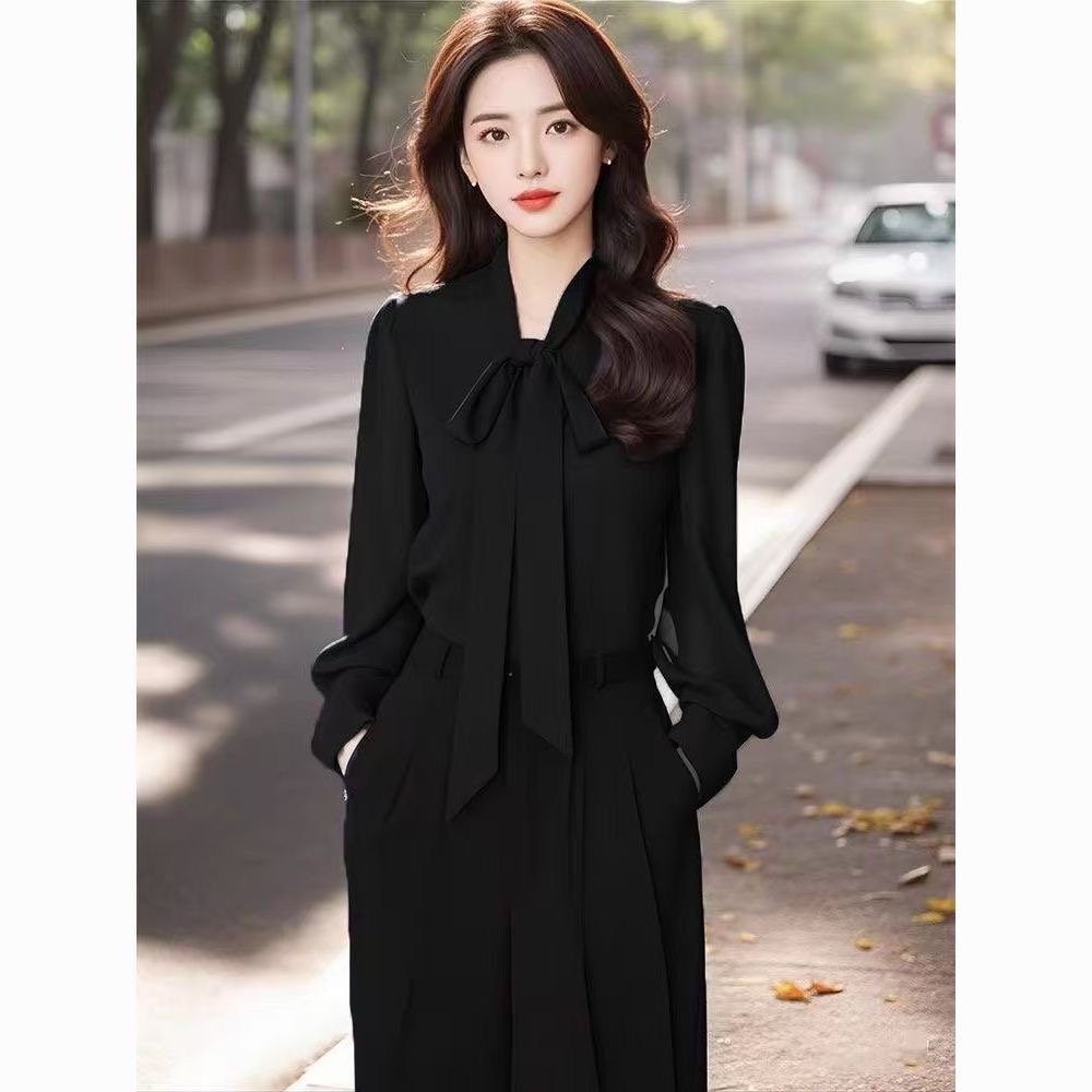 나비 매듭 검정색 2026 봄 가을 새로운 긴팔 쉬폰 셔츠 경력 리본 품격 고급 센스 여성 셔츠
