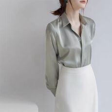 批发高级感纯色三醋酸衬衫女气质百搭宽松正肩垂感缎面通勤仿真丝衬衣