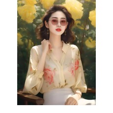 批发法式百搭上衣印花女装<b class='q'>长袖</b>百搭时尚黄色碎花雪纺<b class='q'>衬衫</b>