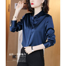 批发高级感真丝缎面衬衫女士时尚正肩小衫桑蚕丝长袖<b class='q'>OL</b>风职业轻熟衬衣