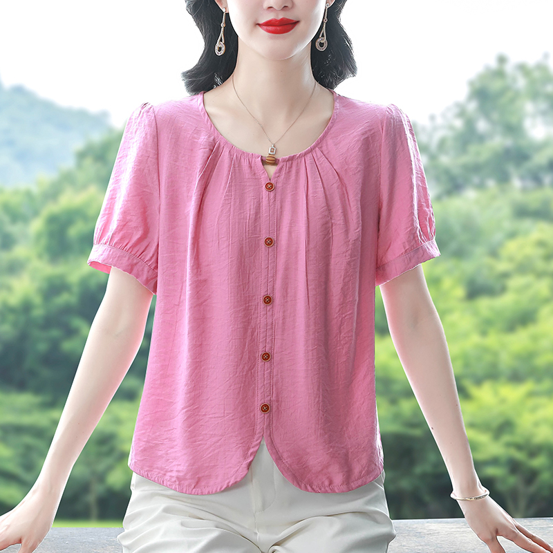 MY12851# 现货年轻妈妈大码小衫圆领宽松遮肚子显瘦上衣舒适透气棉麻女裝貨源服裝批發