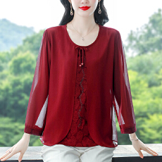 批发2025秋季大码女装上衣长袖洋气<b class='q'>中老年</b>妈妈装假两件宽松遮肉显瘦
