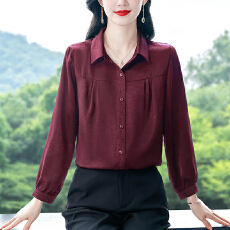 批发2025秋季新款大码<b class='q'>妈妈装</b>长袖衬衣绣花缎面高档手抓花布料上衣