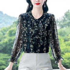 批发年轻妈妈木耳边印花长袖雪纺衬衫秋装新款洋气小衫中老年开衫上衣