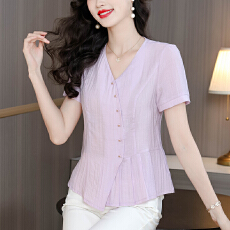 批发夏季新款<b class='q'>大码</b>女装年轻妈妈棉麻短袖上衣收腰显瘦时尚透气小衫