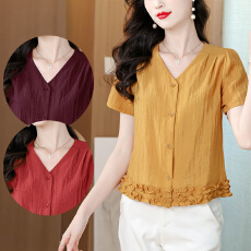 批发夏季新款<b class='q'>大码</b>女装短袖上衣年轻时尚妈妈装棉麻小衫V领衬衣