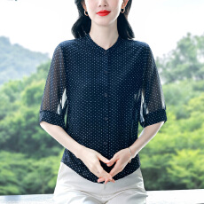 批发2026夏季新款大码女装雪纺<b class='q'>衬衫</b>立领中袖上衣时尚<b class='q'>波点</b>轻薄透气小衫
