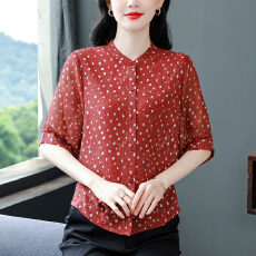 批发夏季新款大码女装雪纺<b class='q'>衬衫</b>立领中袖上衣时尚<b class='q'>波点</b>轻薄透气小衫