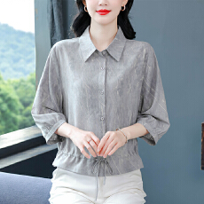 批发夏季新款衬衫<b class='q'>大码</b><b class='q'>女装</b>年轻妈妈设计感抽绳小衫时尚印花中袖上衣