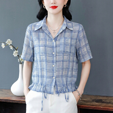 批发夏季新款衬衫大码女装年轻妈妈设计感抽绳小衫<b class='q'>时尚</b>格子短袖上衣