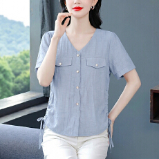 批发夏季新款大码女装衬衣短袖棉麻上衣年轻<b class='q'>妈妈</b>V领抽绳小衫