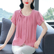 批发夏季新款大码<b class='q'>女装</b>棉麻衬衣时尚蝴蝶结短袖上衣年轻妈妈小衫