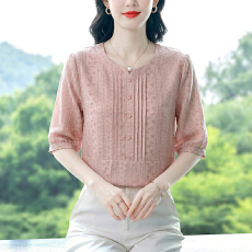 批发夏季新款宽松大码棉麻印花五分袖上衣圆领透气T恤复古休闲小衫