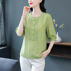 批发大码女装时尚五分袖棉麻上衣夏季新款遮肚子显瘦小衫圆领T恤