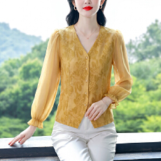 批发<b class='q'>大码</b>女装衬衣秋季新款雪纺拼接V领上衣修身显瘦百搭小衫漂亮妈妈