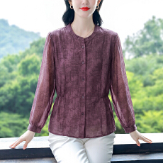 批发秋季新款大码女装时尚妈妈<b class='q'>长袖</b><b class='q'>衬衣</b>高档领口褶皱钉珠印花小衫