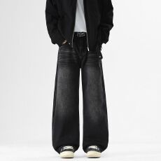 批发秋<b class='q'>冬</b>季新款复古牛仔裤男潮牌直筒宽松微弯刀美式高街阔腿长裤子