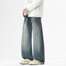 批发美式拼接复古牛仔裤男新款秋季微弯直筒宽松休闲潮牌水洗裤子