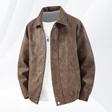 批发夹克男PU皮衣麂皮绒翻领外套男宽松潮牌韩版轻奢商务男