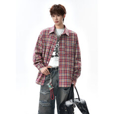 批发春季新款格子大码撞色时尚长袖衬衫男