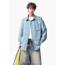 批发春季新款格子大码撞色时尚长袖衬衫男