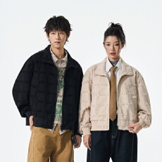 批发新款轻奢简约翻领提花格子流苏宽松男女休闲纯色夹克情侣外套