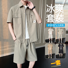 批发底特律短袖衬衫+短裤两件套套装男美式复古扎染工装短袖套装