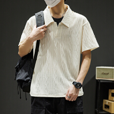 批发新款夏季男潮流宽松潮牌短袖T恤上衣五分袖提花翻领假两件半袖T恤