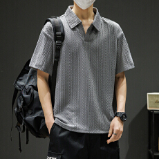 批发新款夏季男潮流宽松服潮牌短袖T恤上衣五分袖提花翻领POLO衫