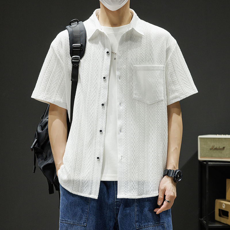 새로운 여름 남자 트렌드 루즈핏 조수 브랜드 반팔 티셔츠 맨위 5 점 소매 자카드 폴로 칼라 반팔 셔츠