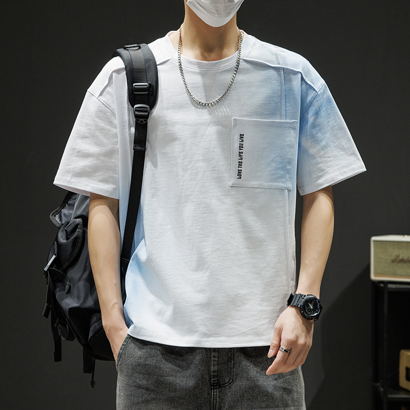 순면 새로운 여름 남자 트렌드 루즈핏 조수 브랜드 반팔 티셔츠 맨위 5 점 소매 라운드 넥 반소매 티셔츠
