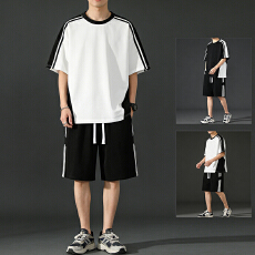 套装短袖短裤两件休闲新氧棉运动潮牌二条杠插肩袖拼色宽松套装