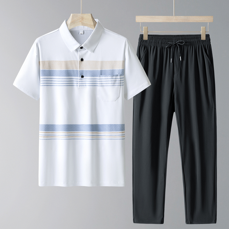 남자 캐주얼 얼음 실크 반팔 긴 바지 POLO 셔츠 남자 티셔츠 바지 여름 중청년 아빠 캐주얼 세트