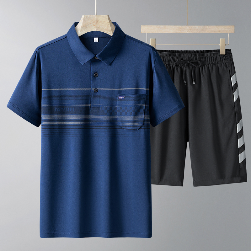 남자 캐주얼 얼음 실크 반팔 반바지 POLO 셔츠 남자 티셔츠 반바지 여름 중년 아빠 세트