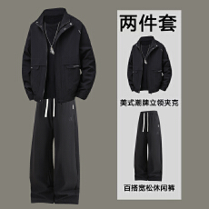 批发美式工装男潮流<b class='q'>秋</b>冬季帅气时髦男牛仔裤休闲套装青年学生刺绣两件