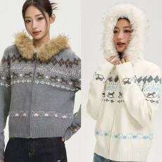 批发<b class='q'>韩国</b>东大门费尔岛毛衣外套美式复古潮牌秋冬<b class='q'>情侣</b><b class='q'>大毛领</b>撞色针织衫