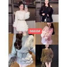 批发韩国东大门毛绒拼接长袖针织连衣裙女秋季高腰毛衣连衣裙子配腰带