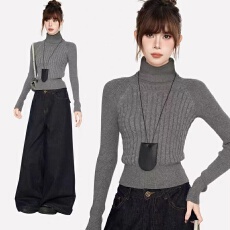 宋正恩白色高领毛衣女纯色秋冬短款紧身内搭打底衫修身针织衫上衣