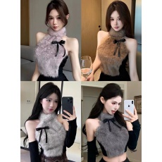 批发初秋新款纯欲毛毛挂脖保暖背心修身显瘦女固定带胸垫百搭上衣