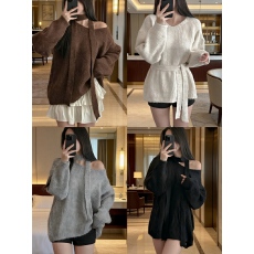 批发<b class='q'>韩</b>国东大门秋冬V领挂脖飘带宽松慵懒<b class='q'>风</b>混纺纱厚中长款腰带毛衣