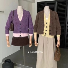 批发假两件撞色百搭气质针织开衫女秋季新款<b class='q'>韩</b>系高级感宽松长袖上衣