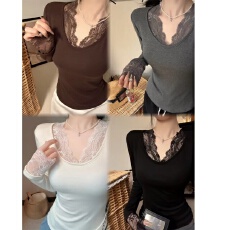 批发秋季新款纯欲U领蕾丝花边保暖长袖T恤修身固定带胸垫显瘦女