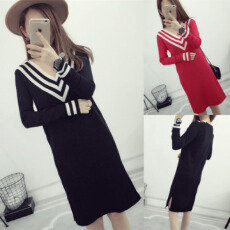 批发新款秋冬韩版女针织长袖连衣裙宽松显瘦v领<b class='q'>中长款</b><b class='q'>毛衣</b>打底裙