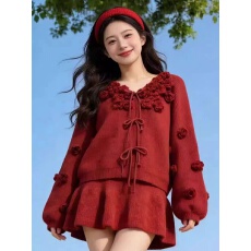 批发新年红色气质V领蝴蝶结毛衣短裙<b class='q'>女装</b>2026春季新款本命年漂亮<b class='q'>套装</b>