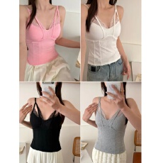 批发<b class='q'>轻熟</b>风性感低领小吊带上衣露锁骨小心机拼蕾丝美背修身背心