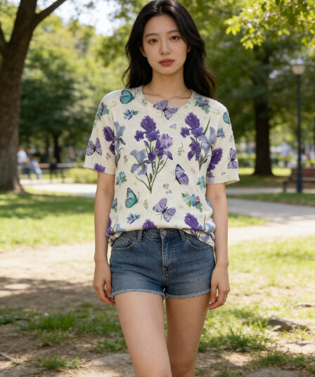 실사 한국 동대문 스타 같은 단락 면 린넨 패션 몸 전체 프린트 반팔 여성 디자인 센스 작은 대중 루즈핏 여름